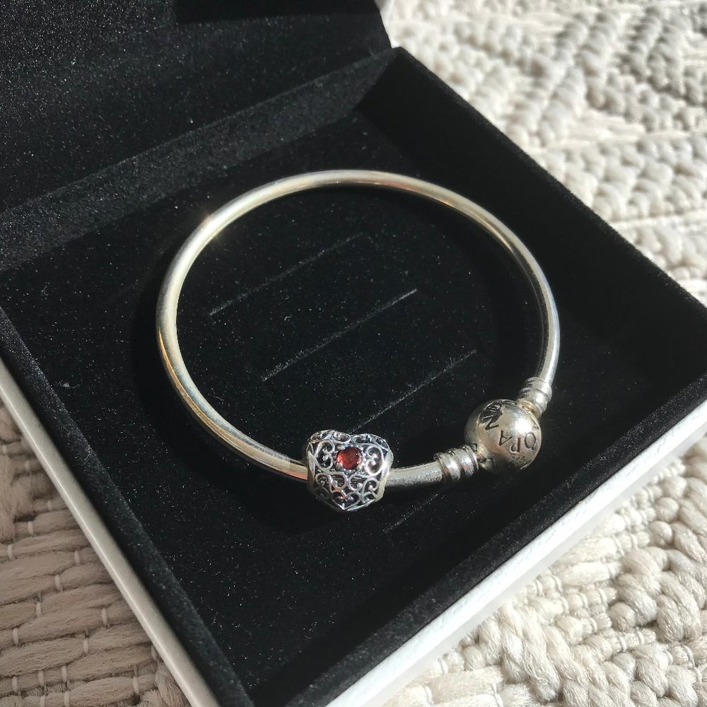 Never worn Pandora bracelet and garnet charm